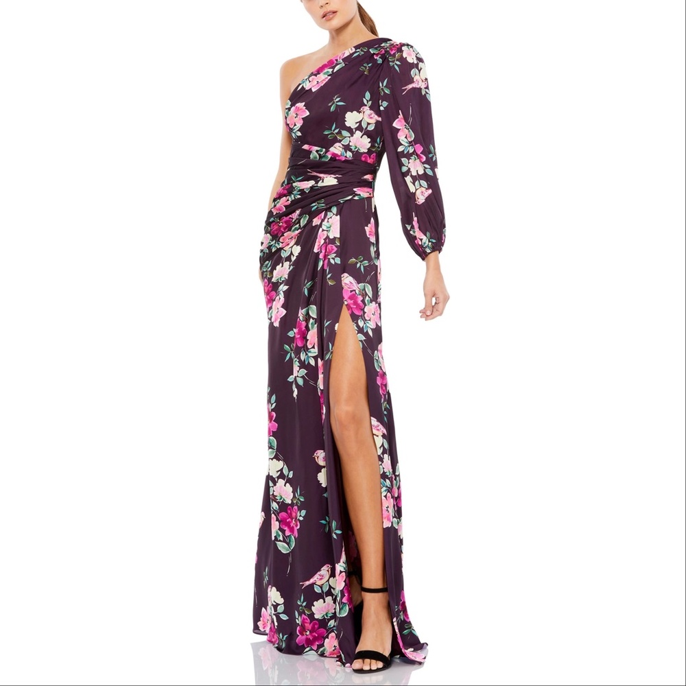 NWOT Mac Duggal Ieena 2634 Floral Print One Sleeve Gown, Large